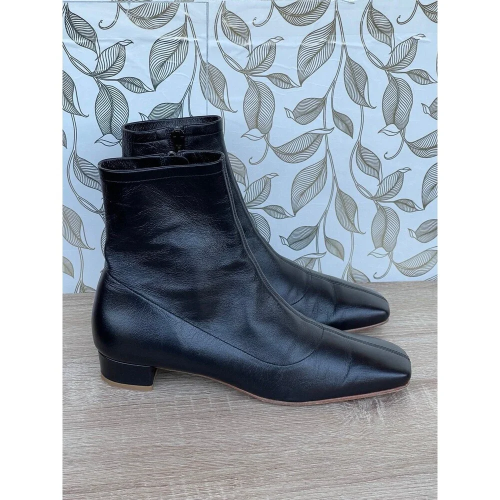 BY FAR Black Leather Boots 39 Minimalist Low Heel Square Toe Zip Ankle Boot